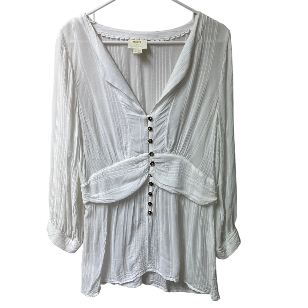 Anthropologie Maeve Isolode Waisted Sheer Rayon Button Front Blouse White SZ 14 - Picture 6 of 11
